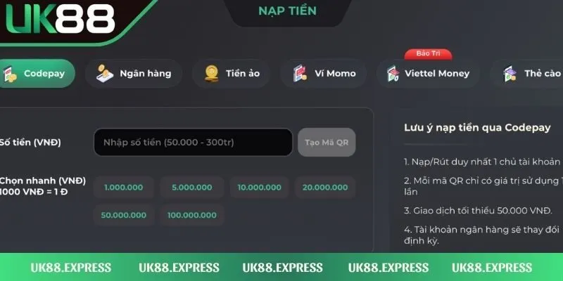UK88 22 Nạp tiền qua Codepay