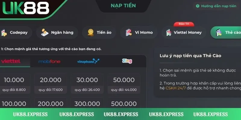 UK88 23 Nạp tiền UK88 qua thẻ cào